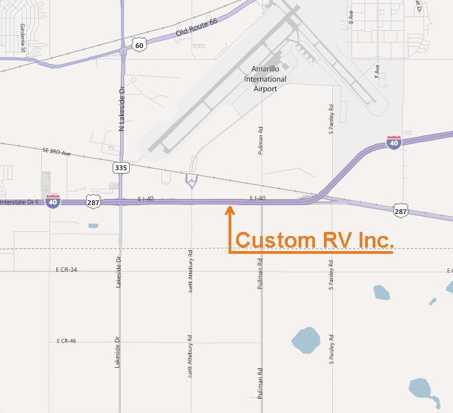 Amarillo map pinpointing Custom RV between Lakeside Dr. and Pullman Rd.