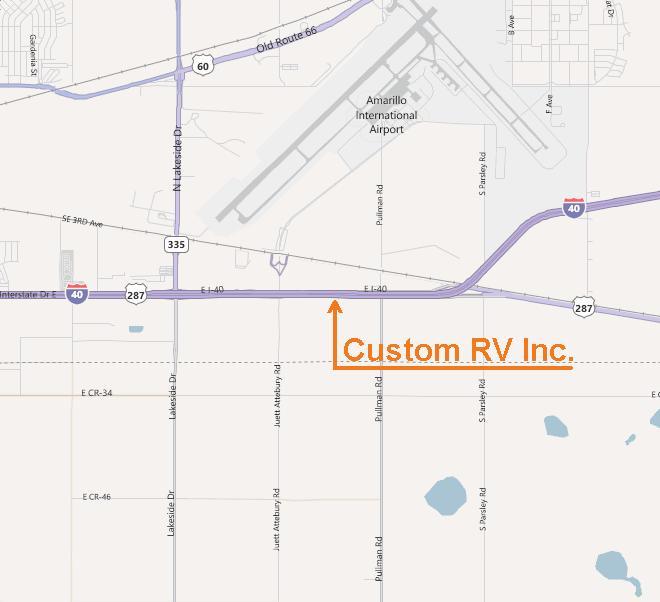 Amarillo Map zoomed in on Custom RV's location just south of Amarillo International Airport on East Interstate 40